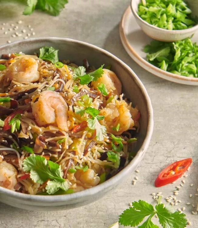 Teriyaki-tiikeriravut sienten kera