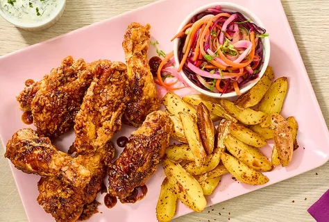 Teriyakisiivet, coleslaw ja chililohkoperunat