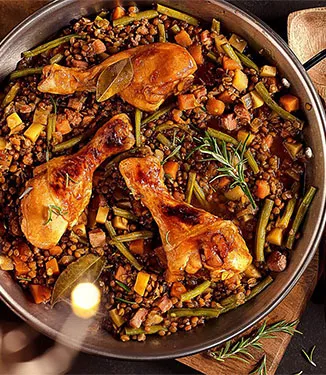 Makean tahmeat, paahdetut kanankoivet ja linssimuhennos